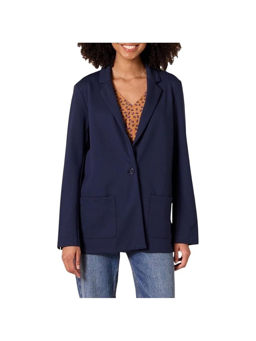 Amazon Essentials Soft Ponte One-Button Stretch Navy Blue Unlined Long Blazer